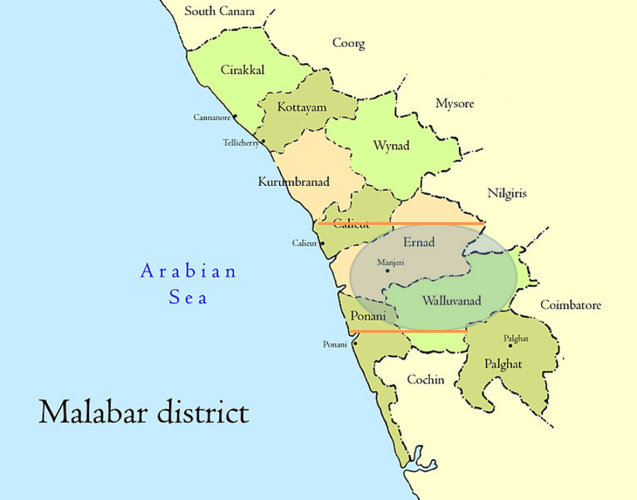 Malabar District. The outbreaks were centred in a small area (shaded